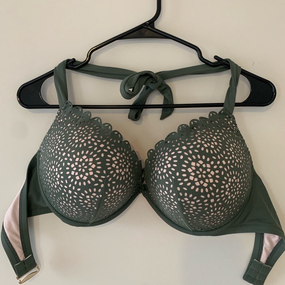 Shade & Shore Pushup Bikini Top 38D Underwire Dark Green and Pink